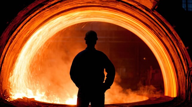 Silhouetted worker stands before intense fiery glow within industrial furnace, sparks flying