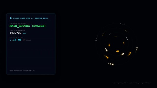 Seamless loop cloud data hub main router HUD interface with network metrics.