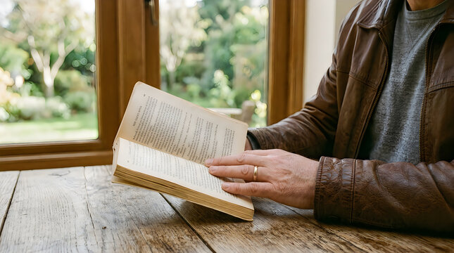 Close-up of person reading old book near window with learning, literature