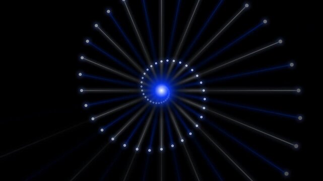 Seamless loop white and blue glowing spiral tech lines background with central core.