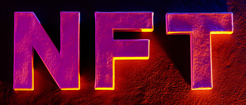 Glowing NFT letters with textured surface and bright neon edges on dark background