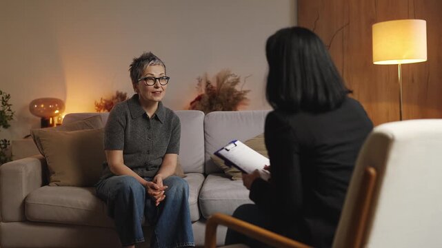 Smiling mature female talking bout positive therapy results with psychologist