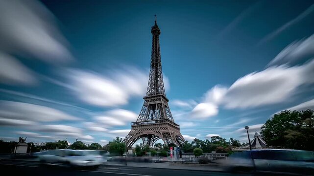 Paris, France, Europe. A dynamic, actionpacked photograph of the Eiffel Tower in Paris, France. The iconic structure stands tall against a backdrop of a clear blue sky with white, fluffy clouds.
