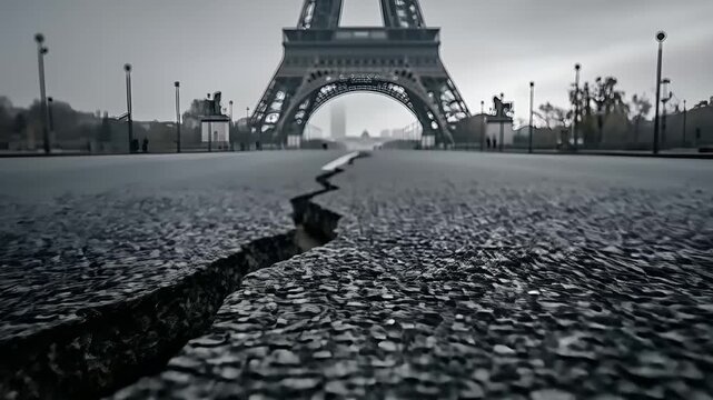 Paris, France, Europe. A moody, atmospheric photograph of the Eiffel Tower, a landmark in Paris, France. The photograph focuses on the iconic structure, its intricate metalwork and ornate design.
