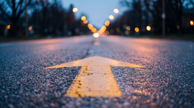 Yellow arrow painted on asphalt road at dusk