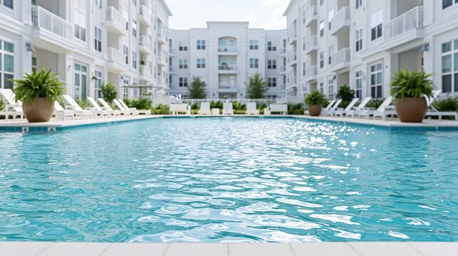 Luxury resort-style swimming pool courtyard with white lounge chairs and lush green plants