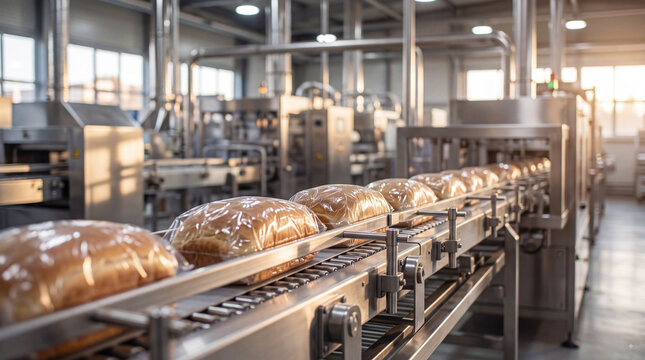 Industrial bread production line in a modern food factory
