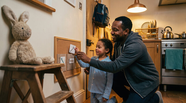 Father Helping His Neurodivergent Daughter Use a Visual Routine Board at Home