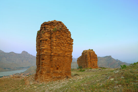 View of the ancient Mari Indus Temple from the Hindu Shahi period, standing on a hill overlooking the Indus River in Kalabagh, Punjab, Pakistan.