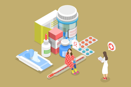 3D Isometric Flat Vector Illustration of Flu Season, Individuals Are Suffering From Cold