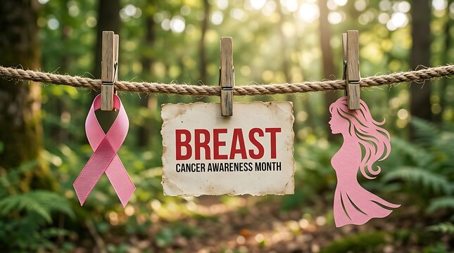 Breast Cancer Awareness Month Breast cancer awareness ribbon, paper sign and female silhouette hanging on a clothesline in a forest