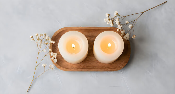Two burning scented candles on wooden tray with baby breath flowers, candlelight