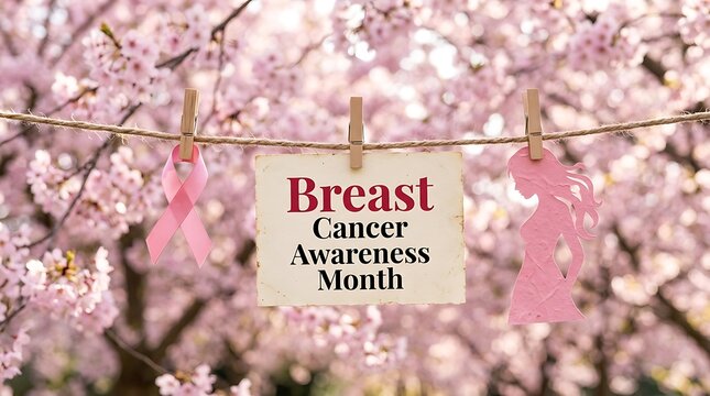 Breast Cancer Awareness Month Display with Ribbon and Silhouette Among Cherry Blossoms pink ribbon female silhouette
