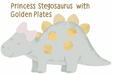 princess stegosaurus with golden plates cartoon dinosaur illustration gray pink bow children funny © Lolita
