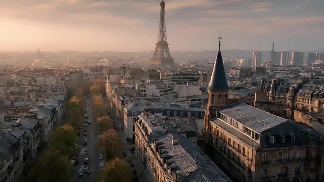 Paris, France, Europe. A panoramic view of Paris, France at sunset. The Eiffel Tower stands tall in the background, illuminated by the warm light of the setting sun.