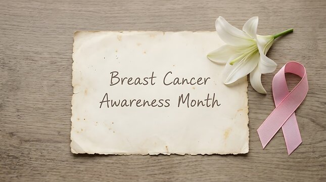 Breast Cancer Awareness Month message with pink ribbon and white lily on wood flower