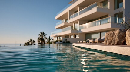 Fototapeta premium Luxury Modern Apartment Building with Infinity Pool and Ocean View on a Sunny Day