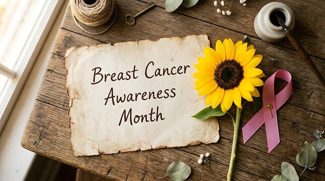 Breast Cancer Awareness Month Message with Sunflower and Pink Ribbon on Wood vintage paper
