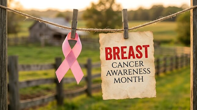 Breast Cancer Awareness Month Pink Breast Cancer Awareness Ribbon and Message Hanging on Clothesline with Rural Farm breast cancer