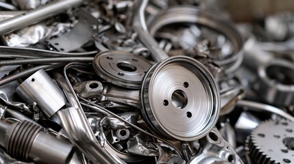 Fototapeta premium Close-up abstract view of a pile of shiny, discarded metal machine parts and industrial scrap