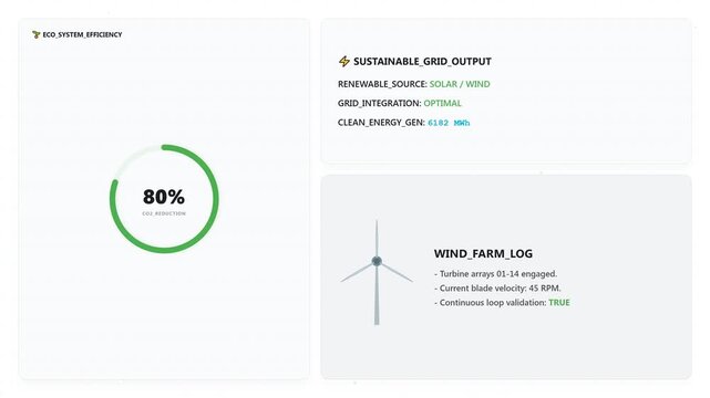 Sustainable grid output wind farm log HUD interface with efficiency metrics.
