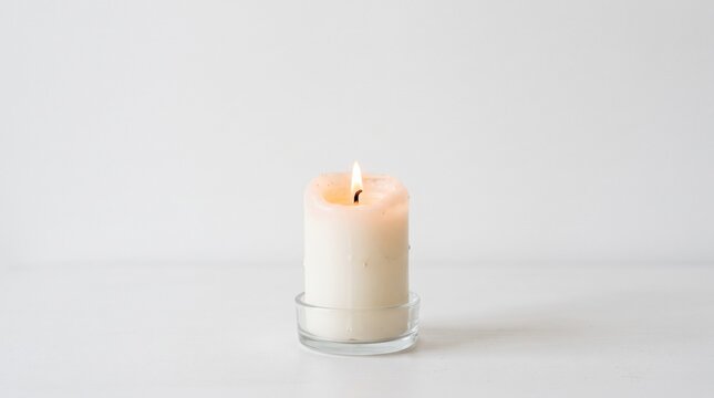 A single white candle burning brightly on a clear glass holder against a plain white background
