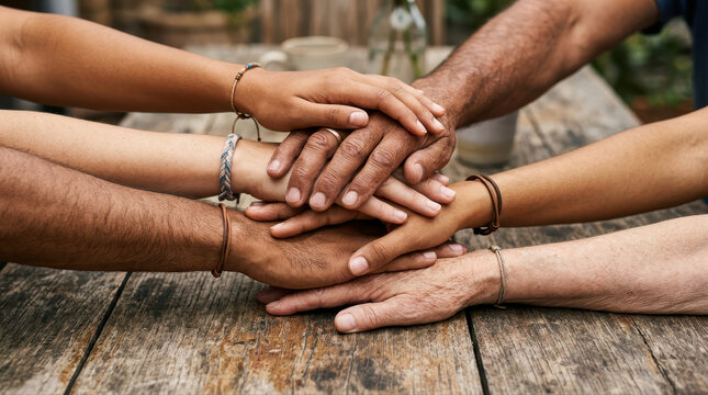 Friendship relations bond social symbols concept. Diverse hands stacked together symbolizing unity and teamwork on a wooden surface.