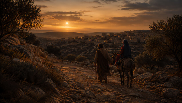 The journey of Mary and Joseph from Nazareth to Bethlehem. Mary is on a donkey led by Joseph; the census. illustration for Christian holiday, faith, and gospel story.