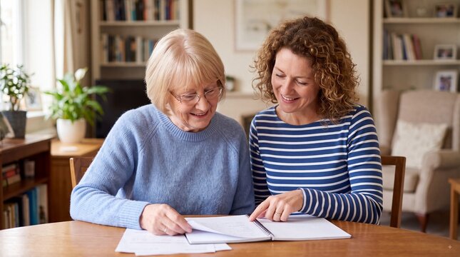 Happy senior woman and adult daughter reading documents together