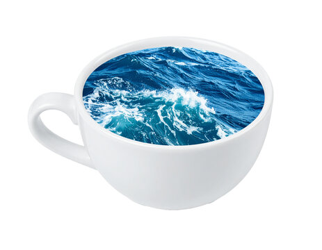 Surreale Kaffeetasse mit Meerwasser isoliert f&uuml;r Reiseb&uuml;ros und Lifestyle-Redakteure zur kreativen Gestaltung von Sommer-Kampagnen auf transparentem Hintergrund