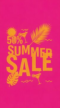Animated bright pink poster with bold yellow 50% summer sale text and tropical icons sliding across a vertical triptych layout