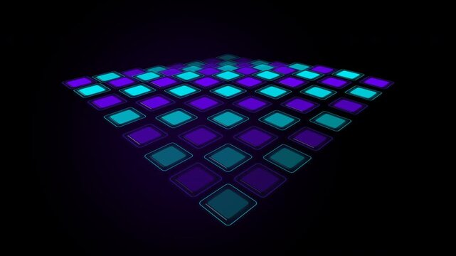 Glowing neon squares grid floor loop video animation background.