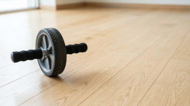 ab wheel exercise equipment on wooden floor