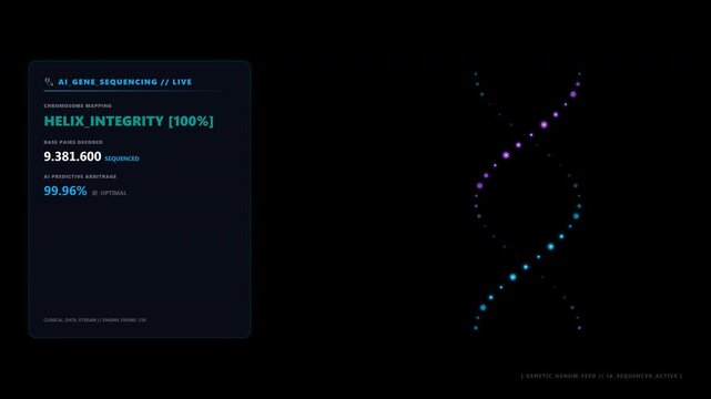 AI gene sequencing DNA helix integrity HUD interface with live data stream.