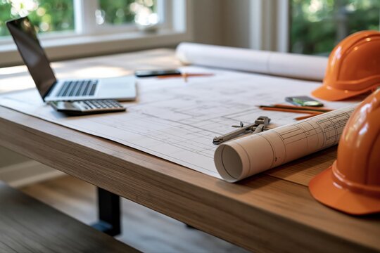Architects and engineers desk with blueprints, laptop, hard hats, and tools for construction planning