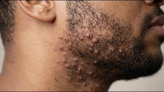 Close up View of a Mans Jawline Showing Severe Acne Bumps and Growing Beard Hair Representing Skin Health Concerns