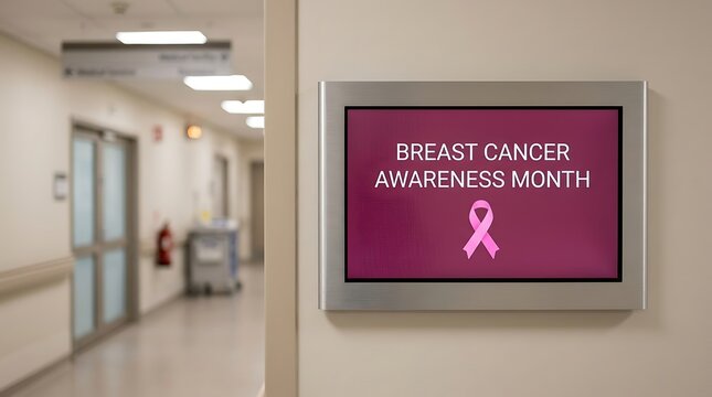 Digital screen in a medical hallway shows Breast Cancer Awareness Month with a pink ribbon on a magenta