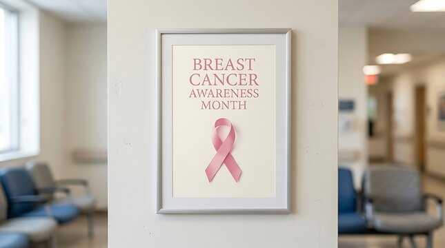 Framed Breast Cancer Awareness Month poster hangs on a wall in a hospital hallway image photo