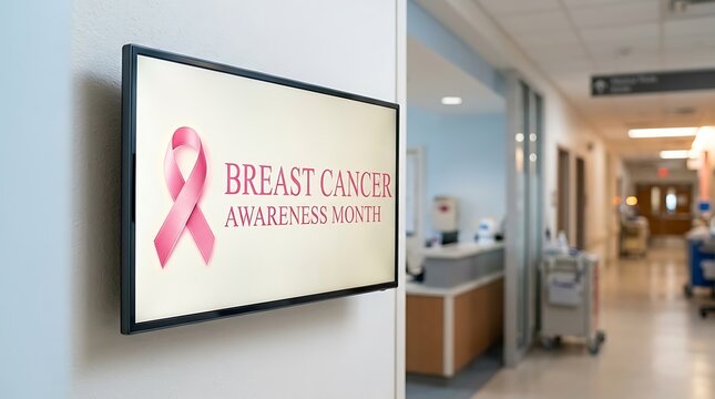 Digital display in a hospital hallway promoting Breast Cancer Awareness Month with a pink ribbon screen