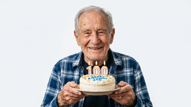 Happy 100th birthday celebration portrait of a smiling elderly man holding a cake with lit candles on white background.