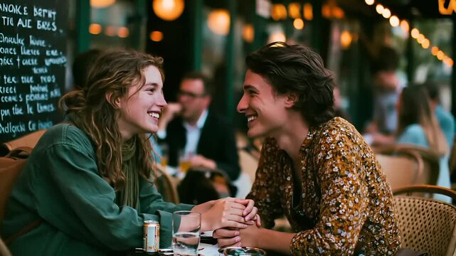 Paris, France, Europe. A candid photograph of two young people seated at a table in an outdoor cafe. The woman on the left wears a green jacket and has her hair tied back in a ponytail.