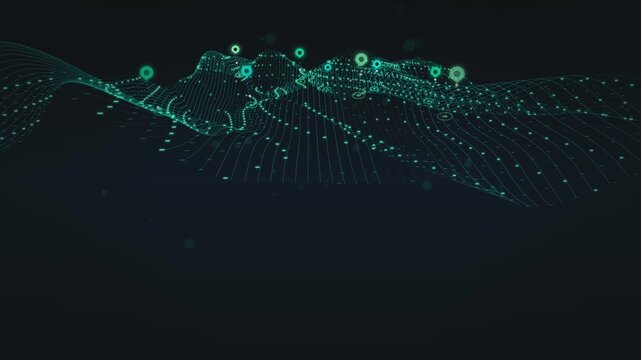 Abstract digital landscape with moving green wave data grid and glowing nodes on dark background.