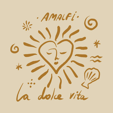 Doodle mystical celestial sun face illustration artisanal folk art summer vector