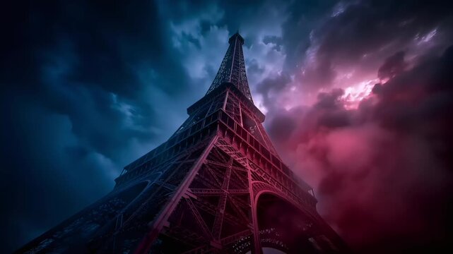 Paris, France, Europe. A digital artwork depicts the Eiffel Tower, a landmark in Paris, France. The eiffel tower stands tall against a dramatic sky filled with dark, stormy clouds.