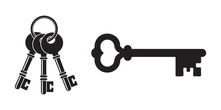 Set of three ornate antique skeleton keys on metallic ring and large decorative key silhouette.