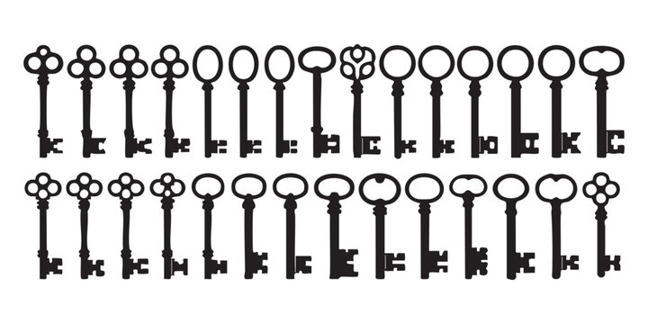 Simple antique key silhouettes vector set small old skeleton keys for lock and security illustrations.
