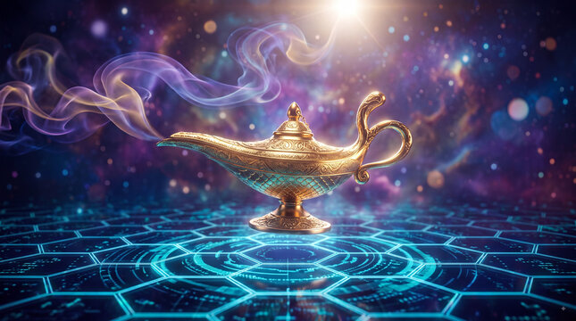 Golden magic lamp with mystical smoke in a cosmic background