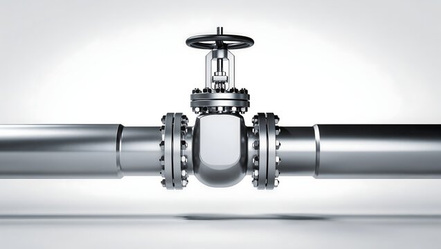 Industrial chrome pipeline with large valve and flanged connection isolated on bright studio background. 3D render, generative AI.