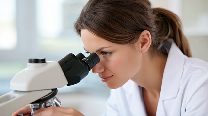 Fototapeta premium Scientist in lab coat examines specimen under a microscope, focused on research and discovery