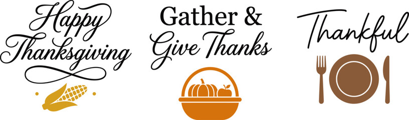 Set of elegant calligraphy typography designs for a happy thanks giving holiday celebration with festive autumn harvest icons © KaziMuhibbur